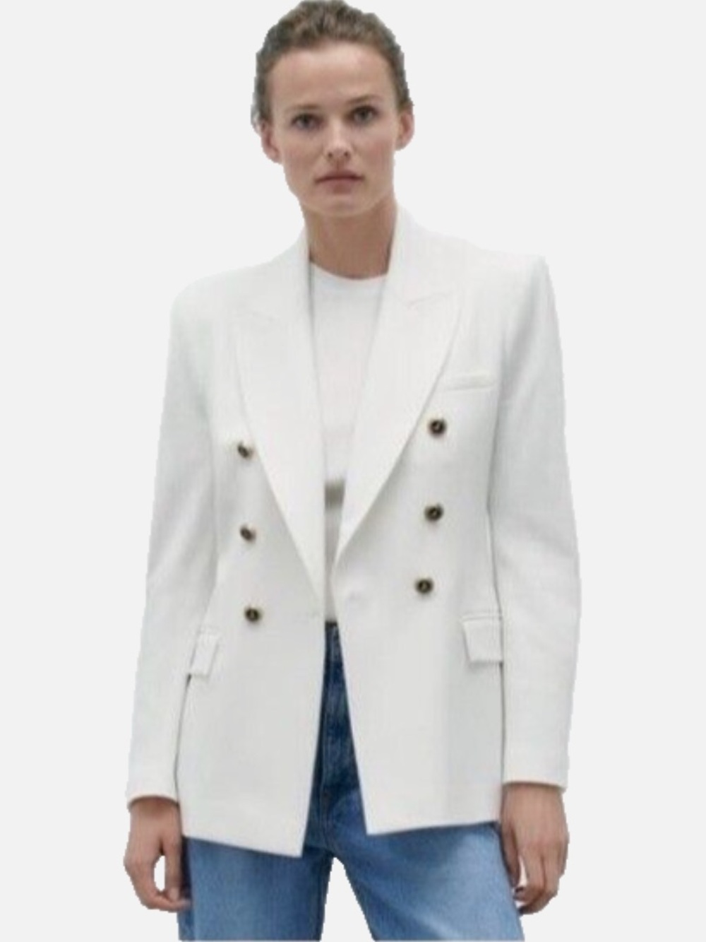 Zara Double-Breasted Tailored Blazer in Ivory with Gold Buttons XL